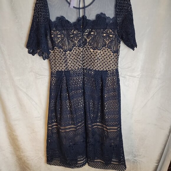 Alya Navy Crochet Eyelet Like Short Sleeve Mini dress. - Picture 2 of 2